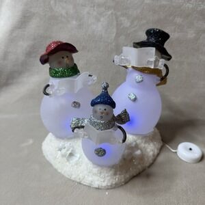 Vintage Frosted Glass Snowman Caroling Winter Scene Lights Up Christmas Figurine